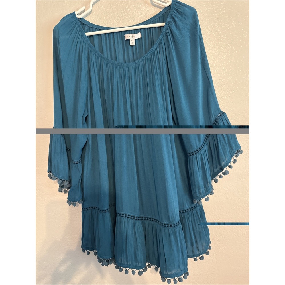 Fever Boho Peasant Blouse L Teal Fairycore Whimsigoth Rayon Balloon Sleeve Top